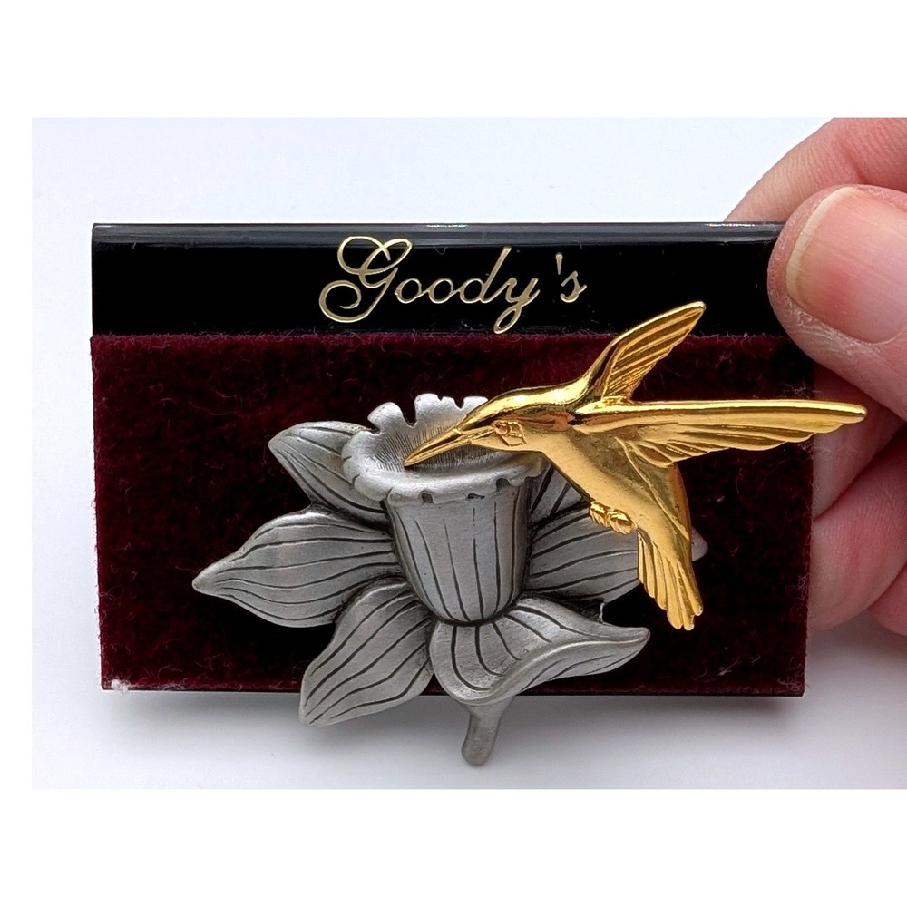 Goody's Hummingbird Flower Brooch Jiggler Pin Gold Silver Tone Two Tone Vintage
